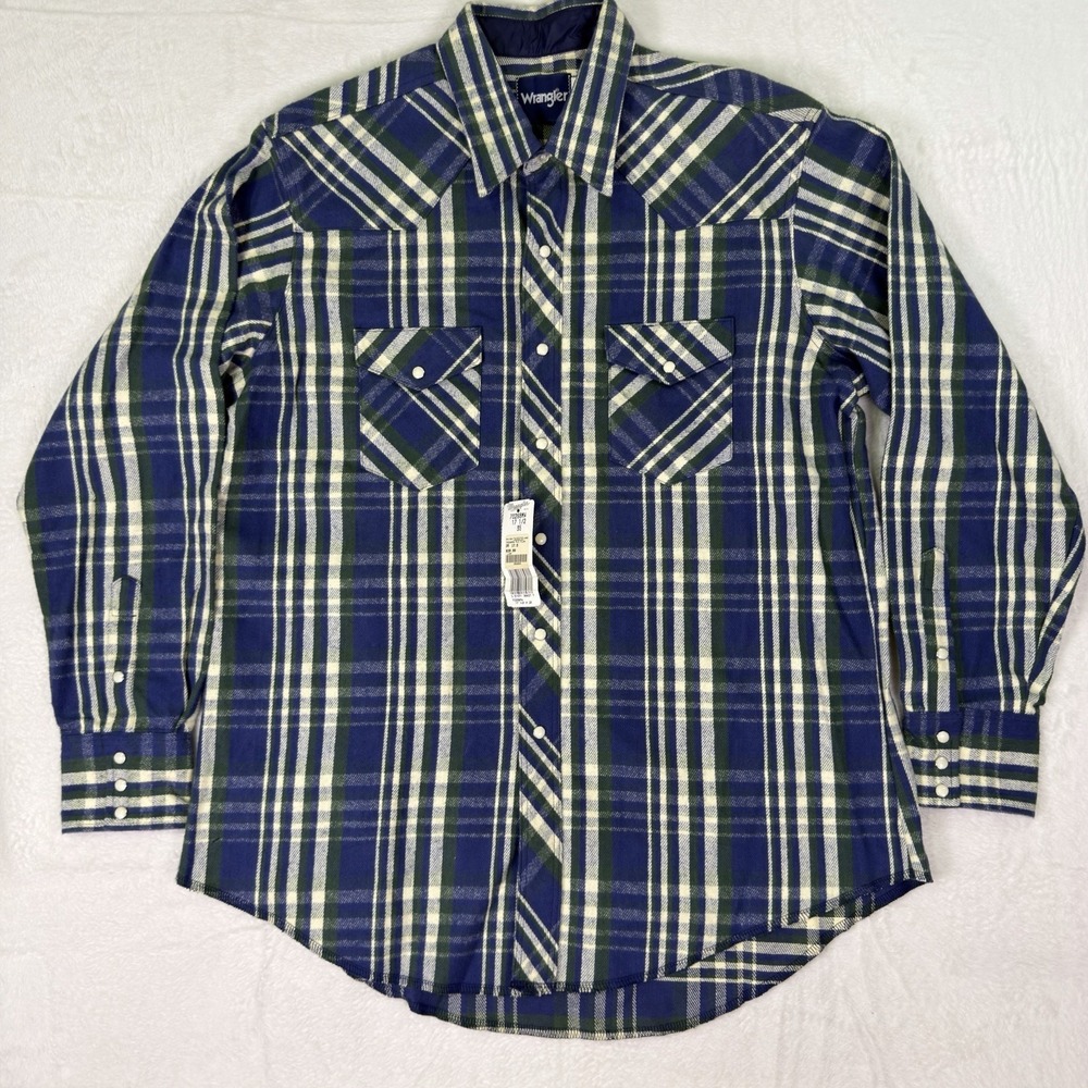 Vintage New Wrangler Western PearlSnap Flannel Shirt Mens XL 17.5 Blue Plaid